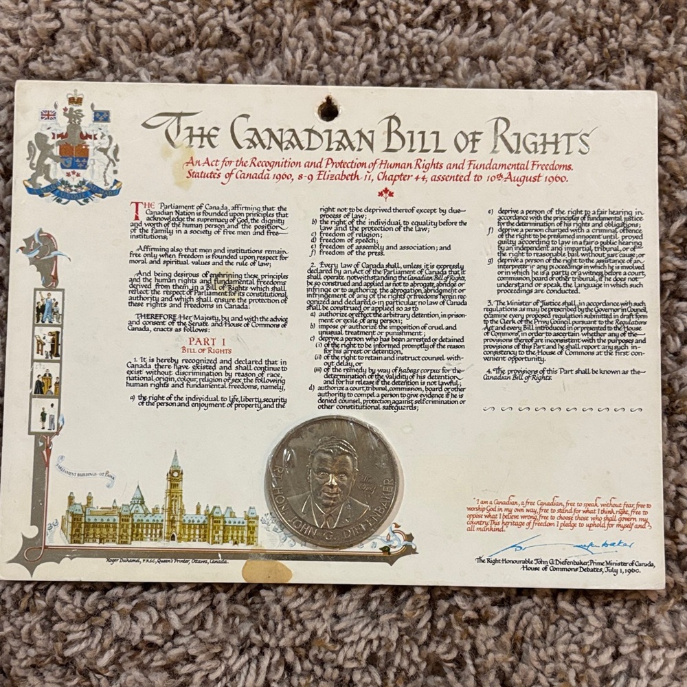 Canadian Bill of Rights Plaque with Coin